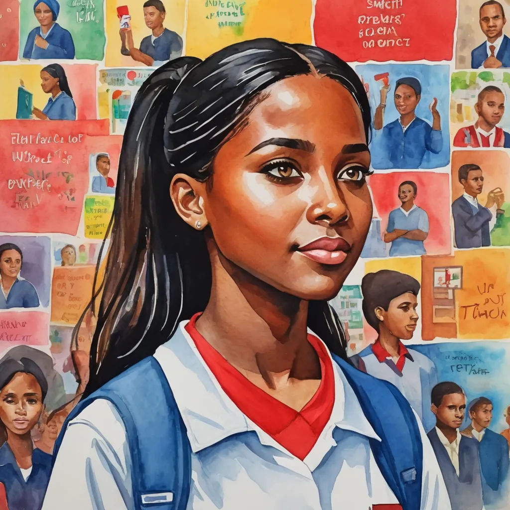 a painting of a girl surrounded by school children and a poster of a man with a beard and a woman with a red shirt, lyco art, a detailed painting, Constance Gordon-Cumming, in gouache detailed paintings