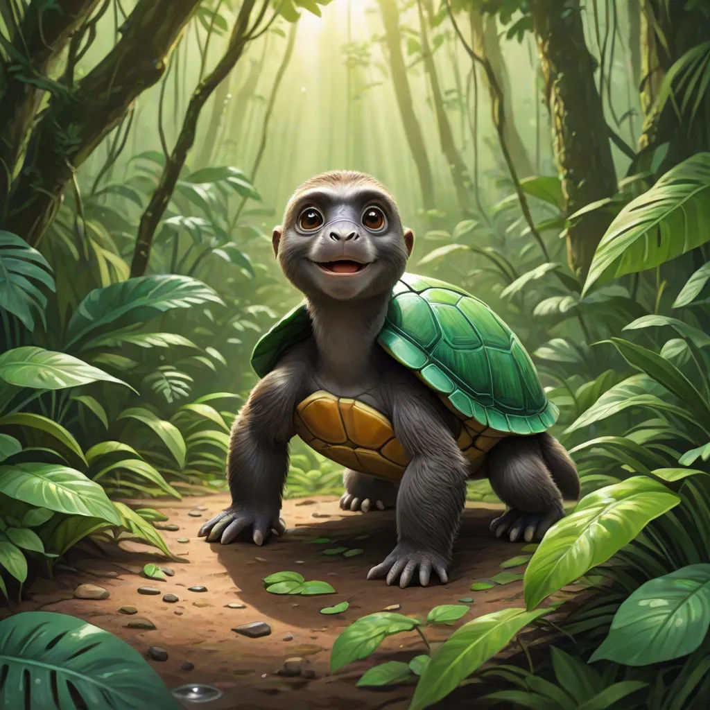 a painting of a turtle in the jungle with a sunbeam in the background and a forest floor with green leaves, Chris LaBrooy, sots art, a digital painting, magic the gathering artwork