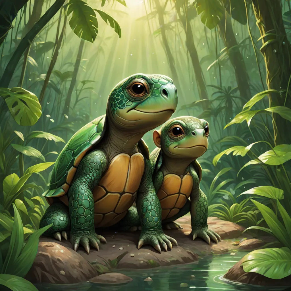 a couple of turtles sitting on top of a rock in a forest next to a river with green leaves, Brothers Hildebrandt, sots art, a digital painting, magic the gathering artwork