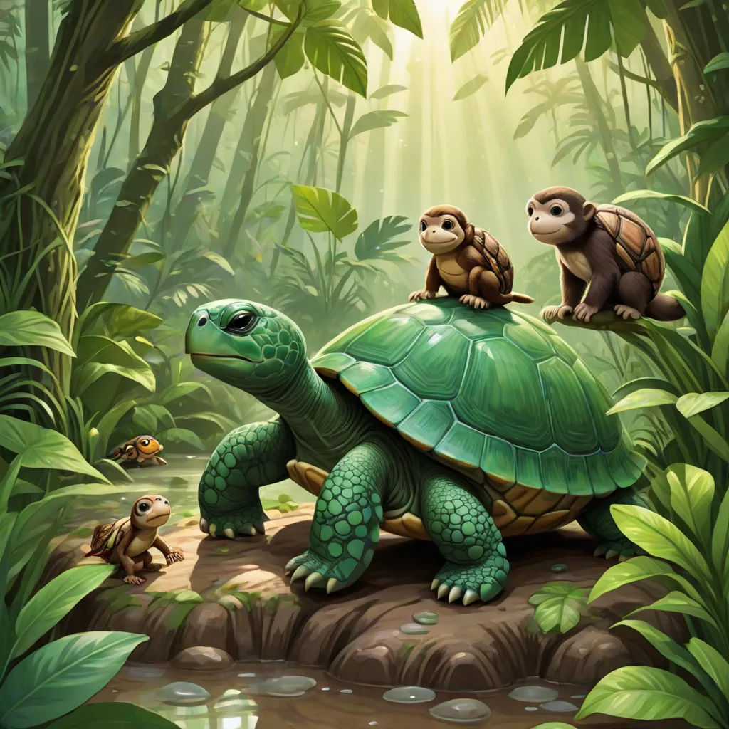 a painting of a turtle and two monkeys on a log in a jungle setting with water and plants around, Chris LaBrooy, sots art, a storybook illustration, highly detailed digital painting