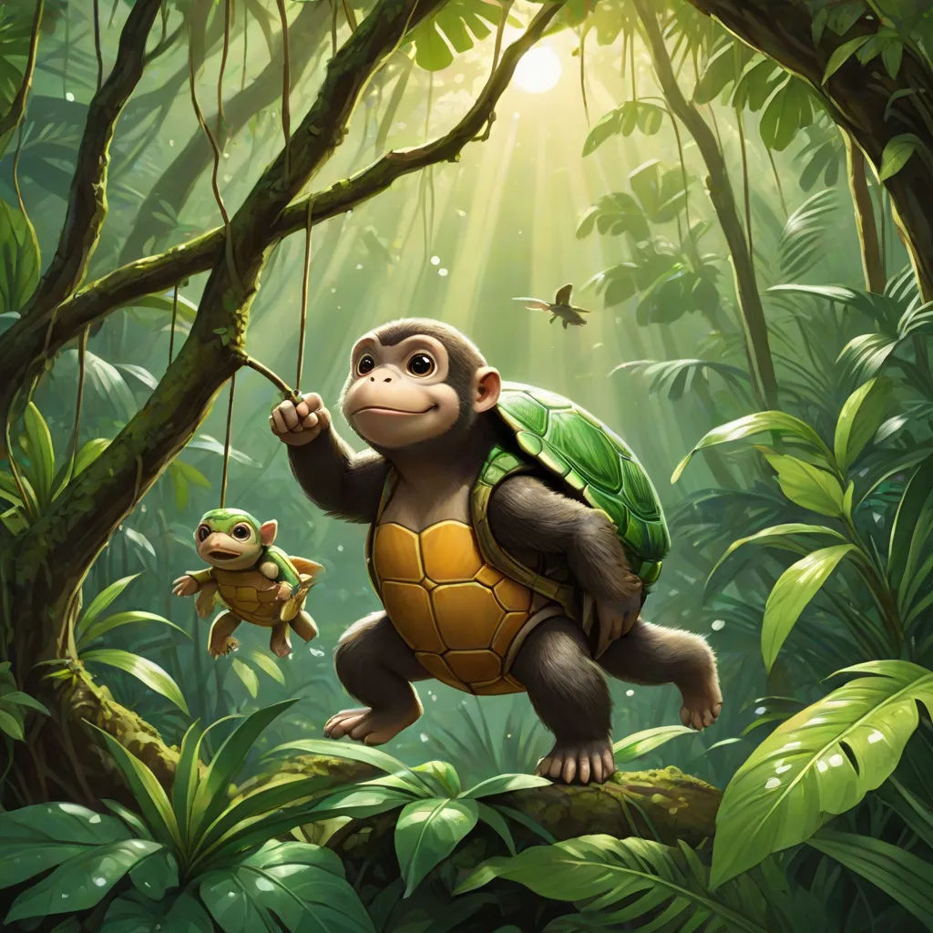 a monkey and a turtle in the jungle with a bird flying above them and a bird on the branch, Chris LaBrooy, sots art, a storybook illustration, magic the gathering artwork
