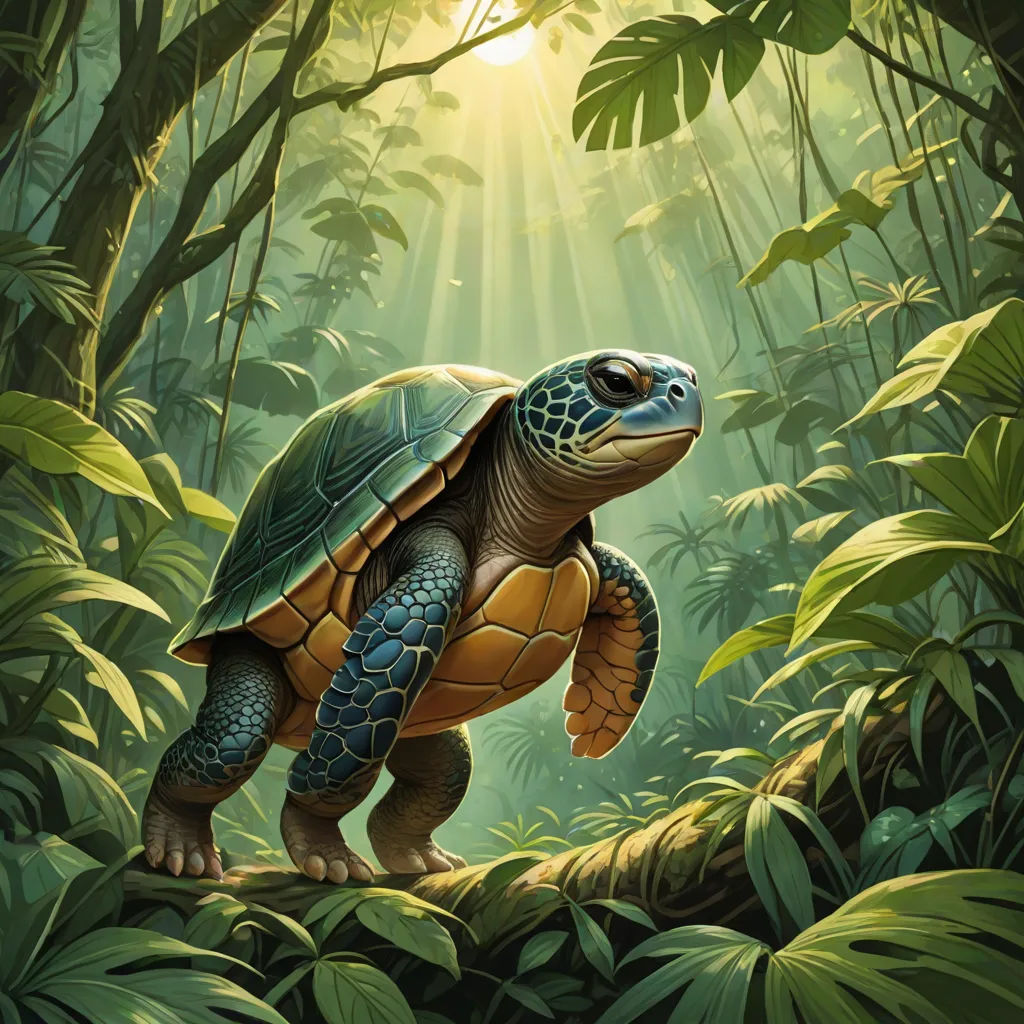 a painting of a turtle in the jungle with sunlight coming through the trees and leaves on the ground,, Chris LaBrooy, altermodern, a digital painting, magic the gathering artwork