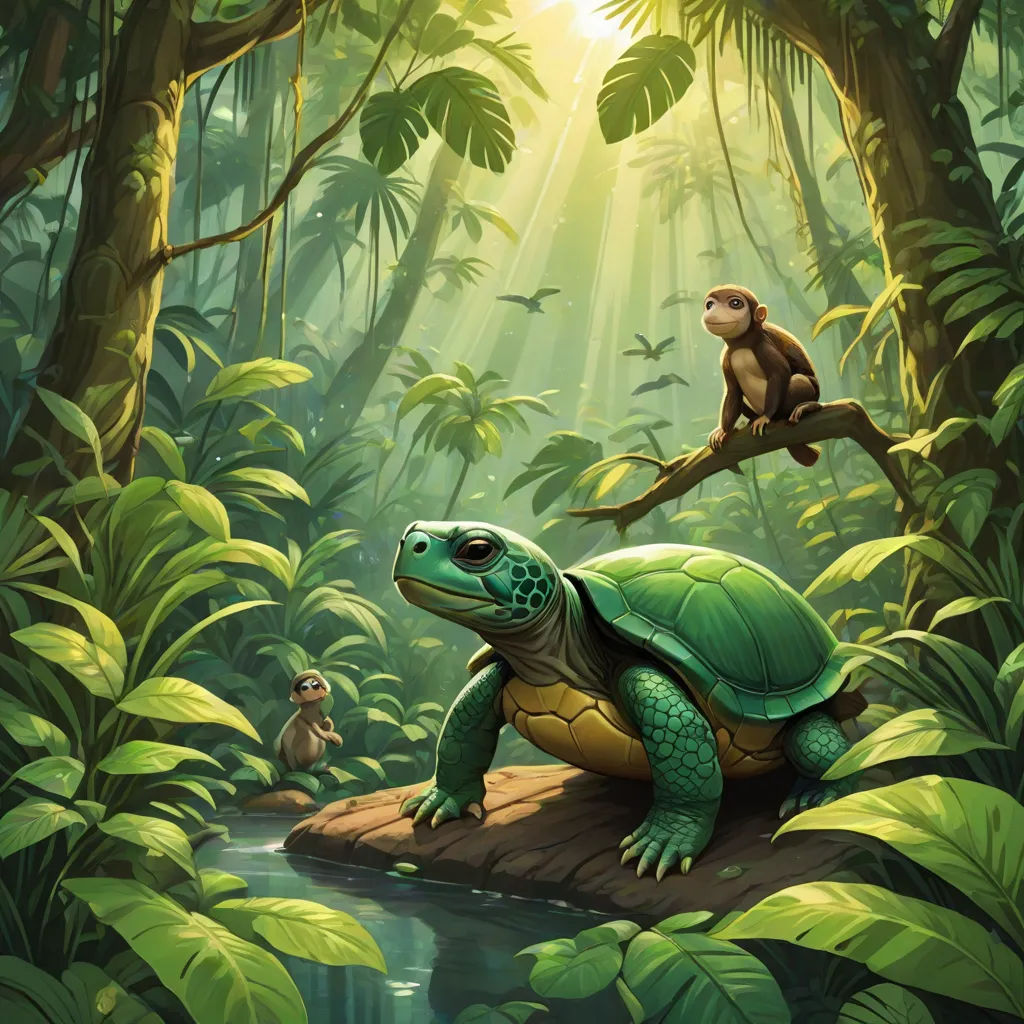 a painting of a turtle and a monkey in a jungle setting with sunlight streaming through the trees and leaves, Chris LaBrooy, fantasy art, a storybook illustration, magic the gathering artwork