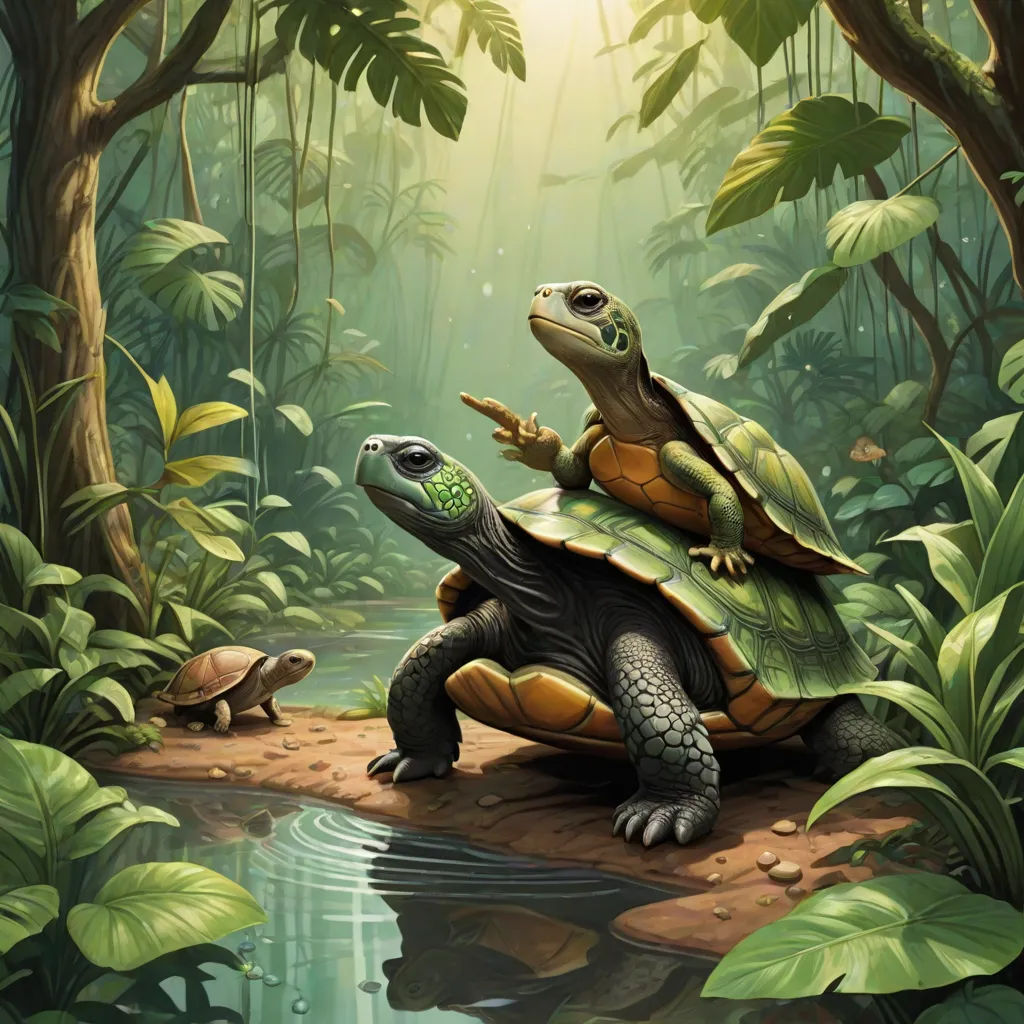 two turtles are sitting on top of each other in the jungle, one is looking at the other turtle, Brothers Hildebrandt, fantasy art, an illustration of, magic the gathering artwork