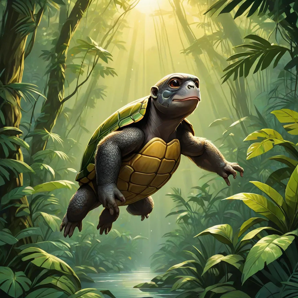 a painting of a turtle in the jungle with sunlight coming through the trees and leaves on the ground and on the ground, Chris LaBrooy, altermodern, concept art, magic the gathering artwork