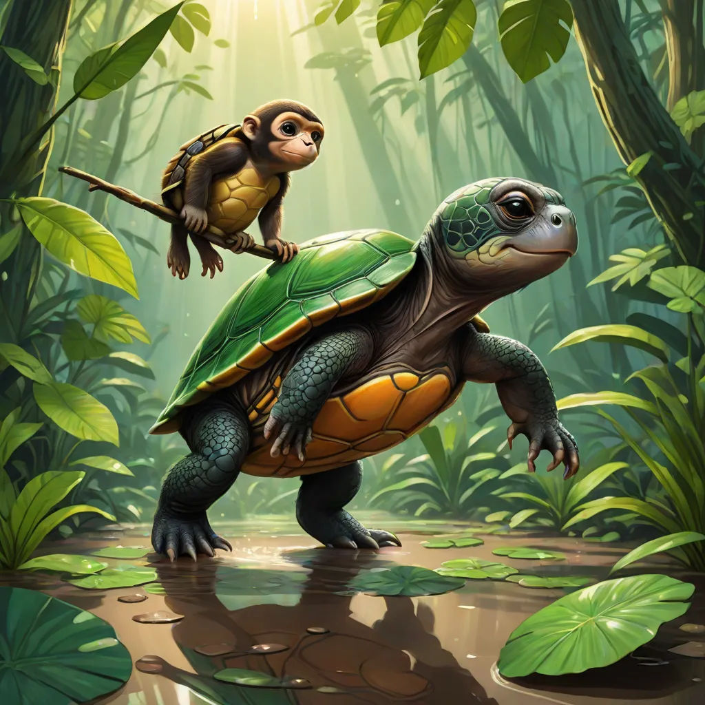 a monkey sitting on top of a turtle in a jungle with a monkey on its back and a monkey on its back, Chris LaBrooy, fantasy art, a digital painting, magic the gathering artwork