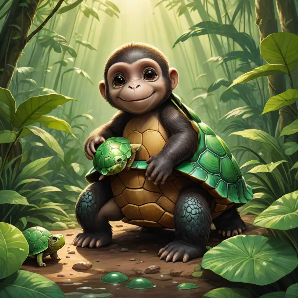 a monkey is holding a turtle in a jungle setting with sunlight streaming through the trees and leaves on the ground, Alex Petruk APe, altermodern, a digital painting, magic the gathering artwork
