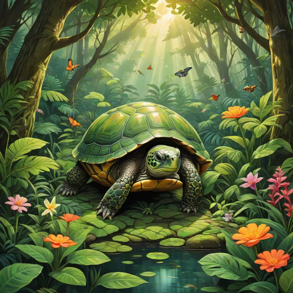 a painting of a turtle in a forest with flowers and butterflies around it, with a pond in the foreground, Chris LaBrooy, fantasy art, a storybook illustration, magic the gathering artwork