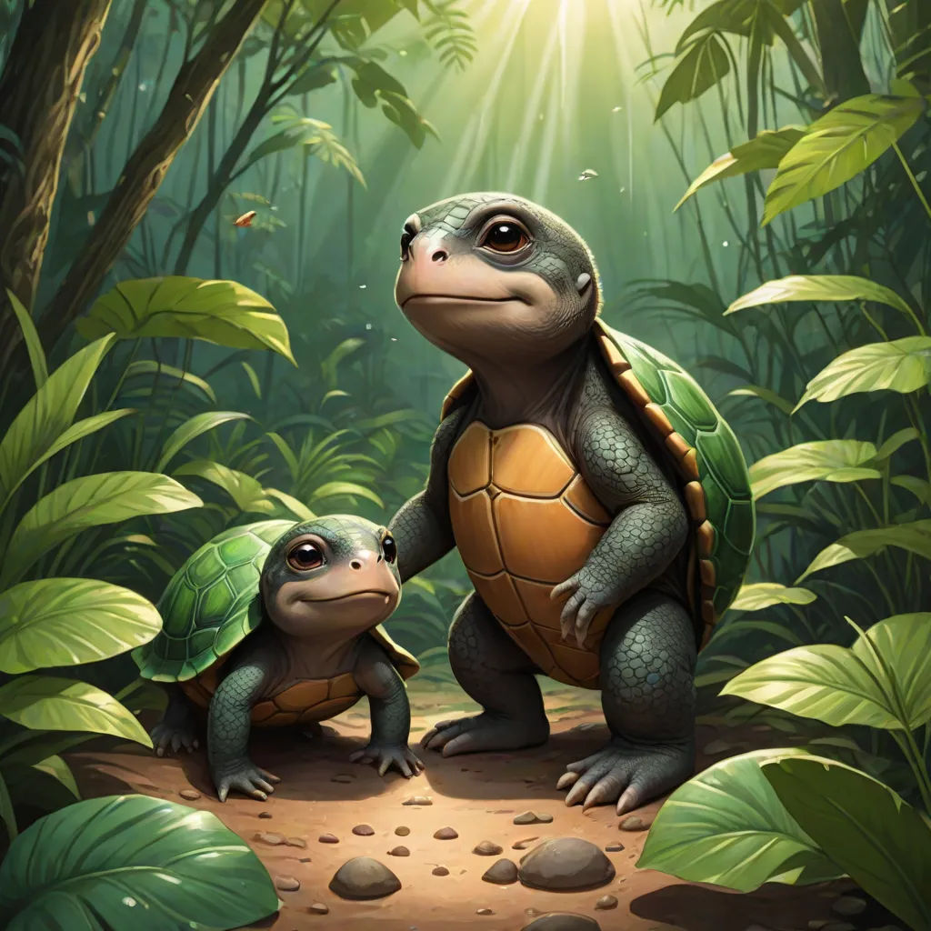 a couple of turtles standing on top of a forest floor next to each other on a dirt road near a forest, Brothers Hildebrandt, fantasy art, a digital painting, magic the gathering artwork