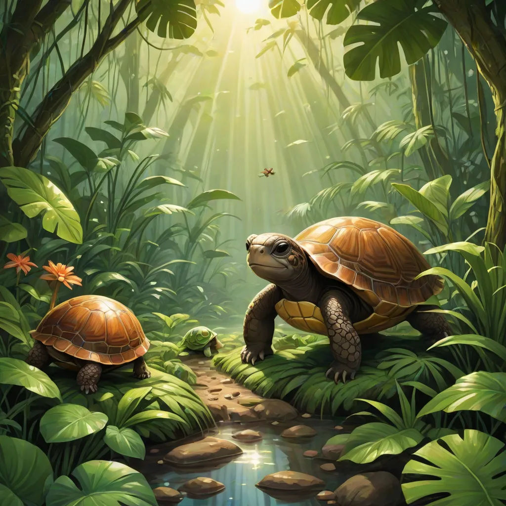 a painting of two turtles in a jungle setting with a stream running through the middle of the picture and a butterfly flying above them, Brothers Hildebrandt, fantasy art, a storybook illustration, magic the gathering artwork