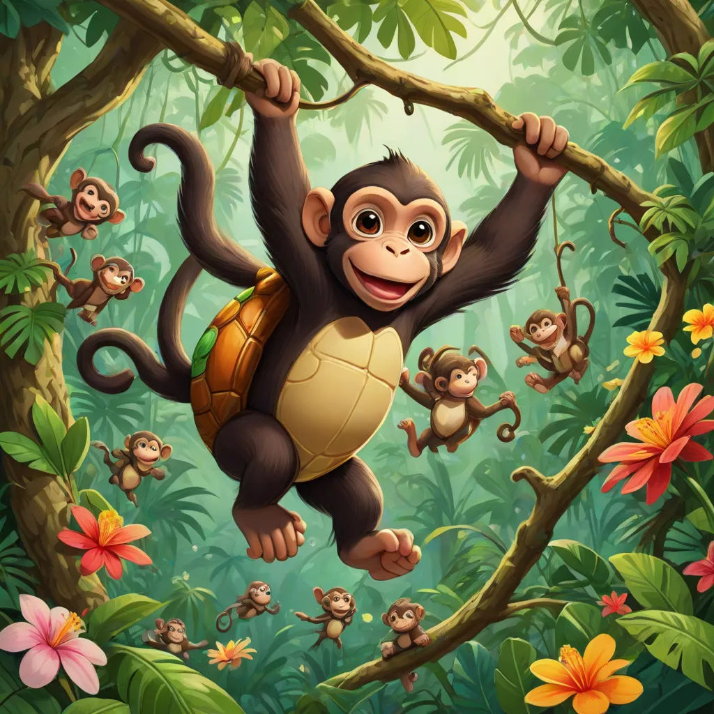 a monkey hanging on a tree with a turtle in the jungle with flowers and flowers around it and a monkey hanging on a branch, Alex Petruk APe, sots art, a storybook illustration, highly detailed digital painting