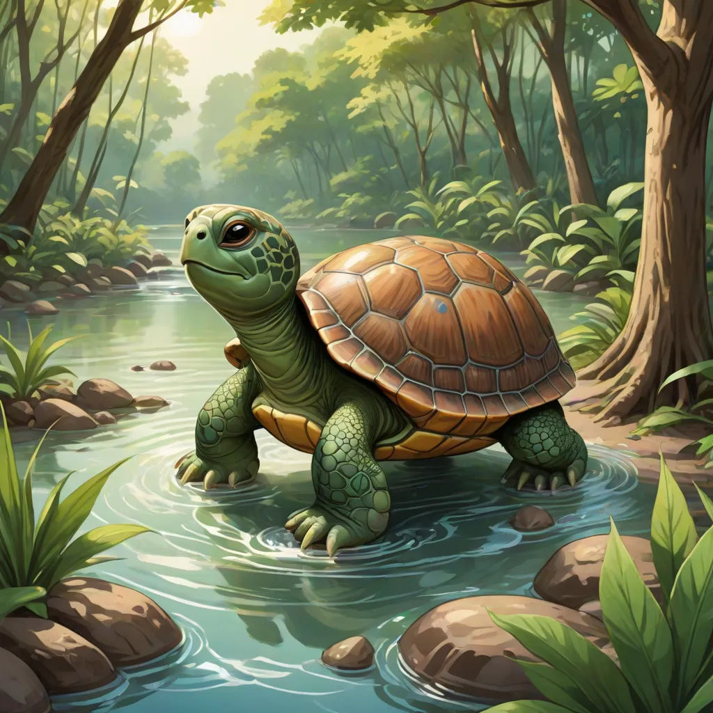 a turtle is walking through a river in the jungle with trees and rocks around it, and a stream running through the forest, Chris LaBrooy, fantasy art, a storybook illustration, magic the gathering artwork