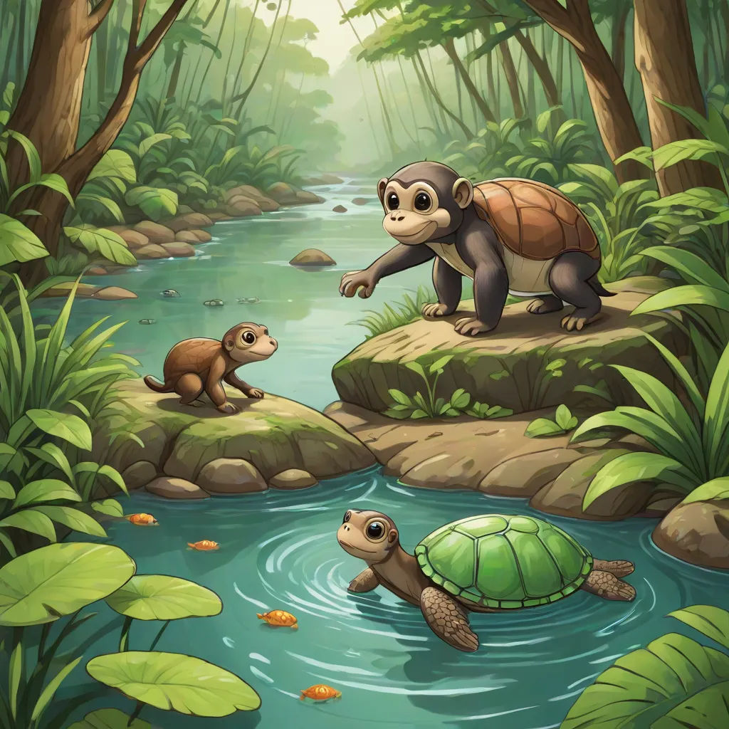 a turtle and a monkey in a jungle by a river with a turtle on the rocks and a turtle on the rocks, Chris LaBrooy, sots art, a storybook illustration, storybook illustration