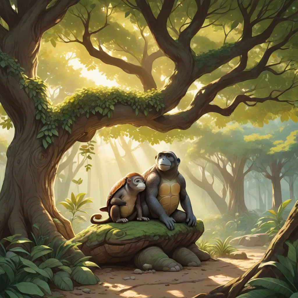 a painting of a monkey and a monkey sitting on a rock in a forest with sunlight streaming through the trees, Chris LaBrooy, fantasy art, a storybook illustration, official art