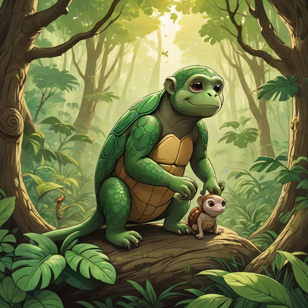 a turtle and a baby turtle in a forest with trees and plants on the ground and a small monkey on the ground, Chris LaBrooy, sots art, a storybook illustration, official art