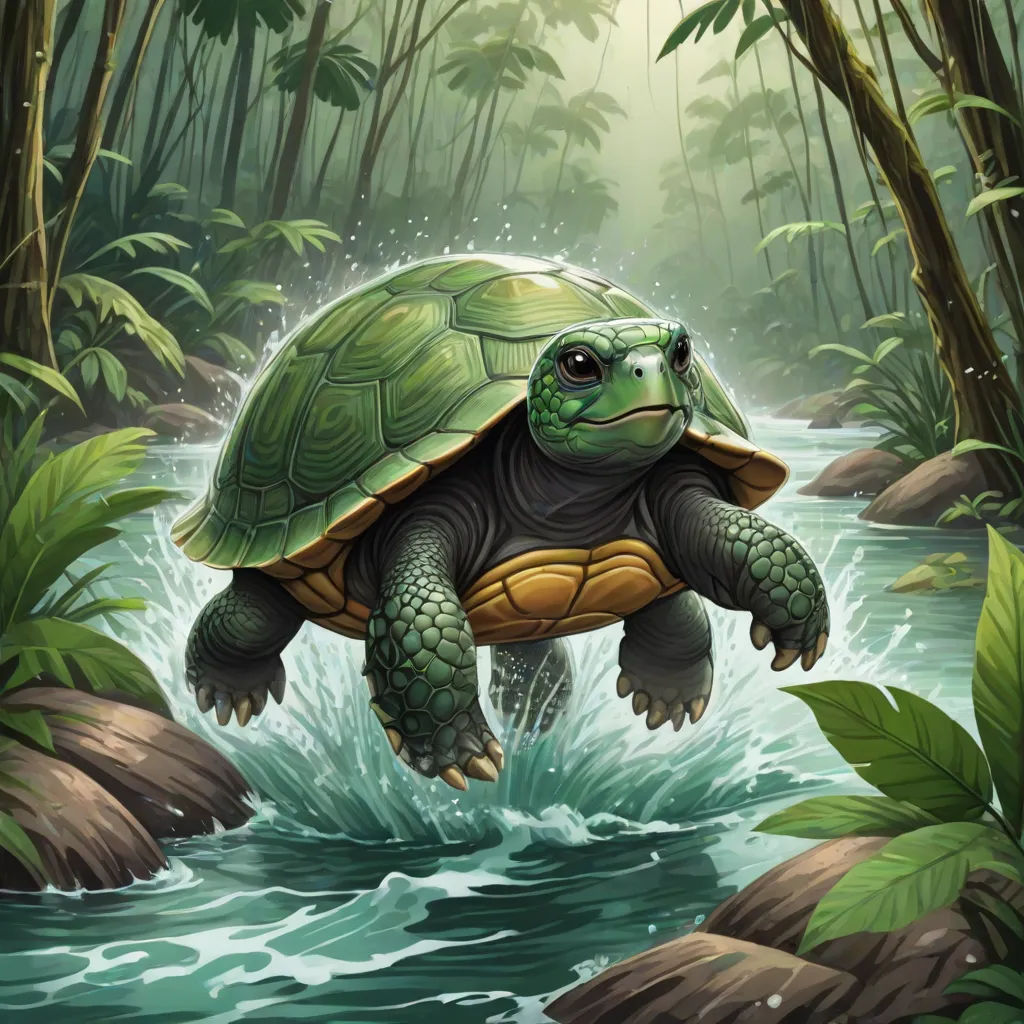 a turtle is crossing a river in the jungle with a forest background and rocks and trees around it, with a stream running through the center, Chris LaBrooy, fantasy art, an illustration of, magic the gathering artwork