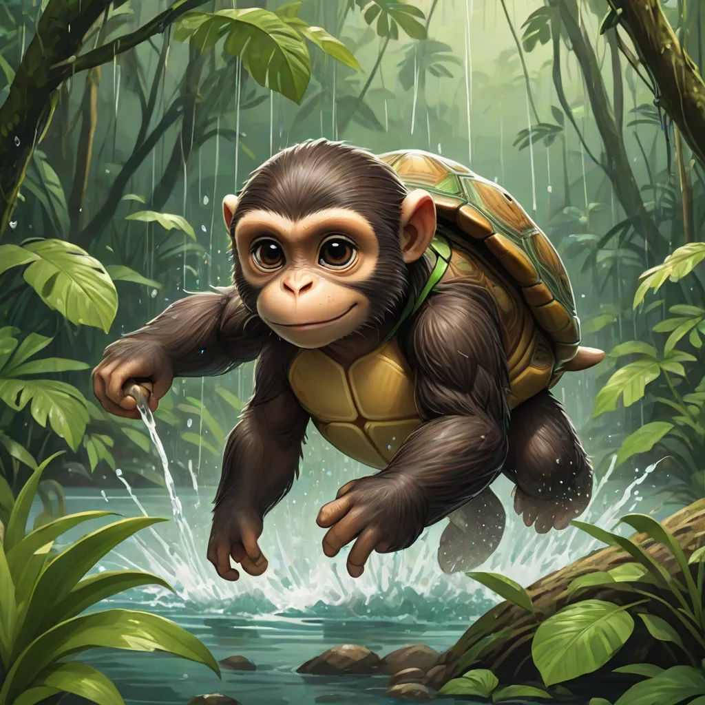 a monkey is in the jungle with a backpack on its back and a turtle on its back, as if it were riding a turtle, Alex Petruk APe, sots art, a digital painting, magic the gathering artwork