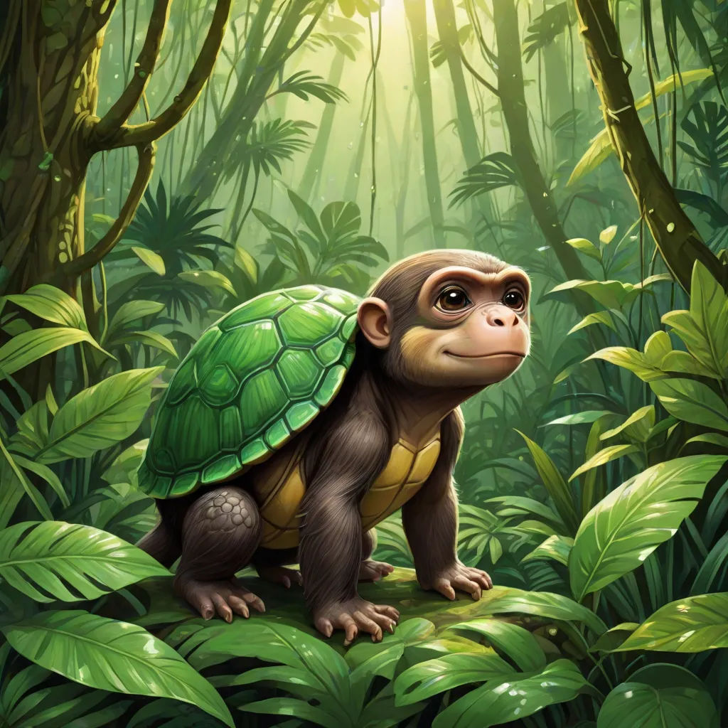a small turtle sitting on top of a lush green forest filled with leaves and plants, with a sunbeam in the background, Chris LaBrooy, altermodern, a character portrait, official art