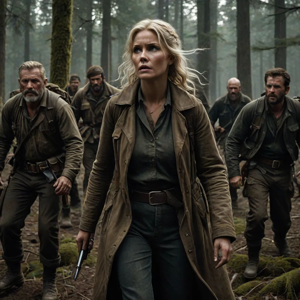 a group of people in the woods with a man holding a gun and a woman with a knife in her hand, Arnold Brügger, antipodeans, a poster, promotional image