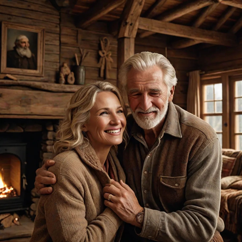 a man and woman are hugging in front of a fireplace in a cabin with a fireplace in the background, Christian Hilfgott Brand, arts and crafts movement, a stock photo, promotional image
