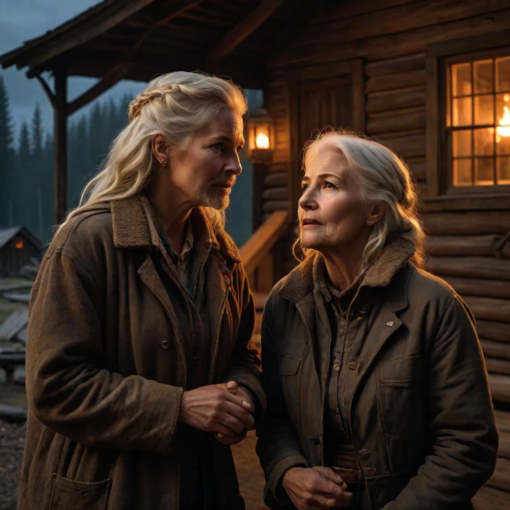 two women standing outside of a cabin at night with a lit candle in the window and a cabin in the background, Annie Leibovitz, antipodeans, a renaissance painting, promotional image