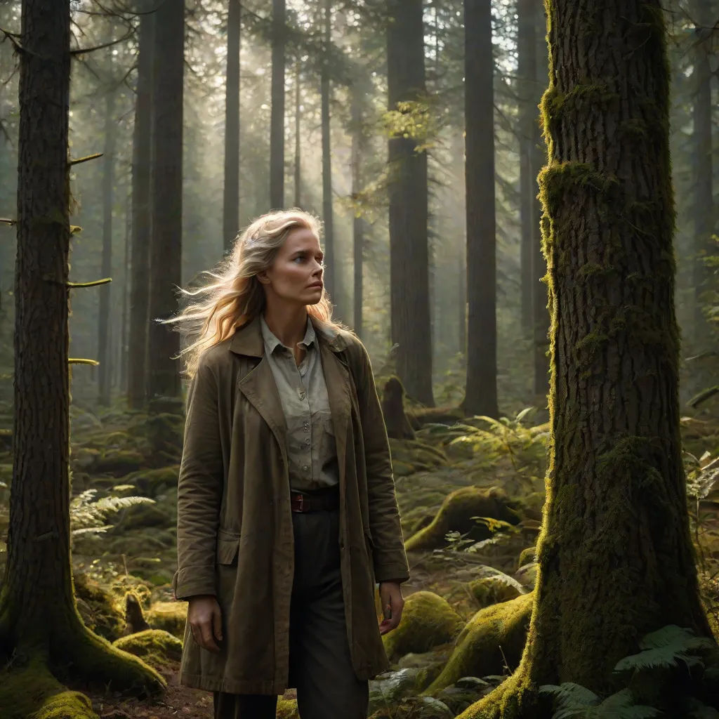 a woman in a forest with trees and moss growing on the ground and a man in a trench coat, Annie Leibovitz, naturalism, a poster, promotional image