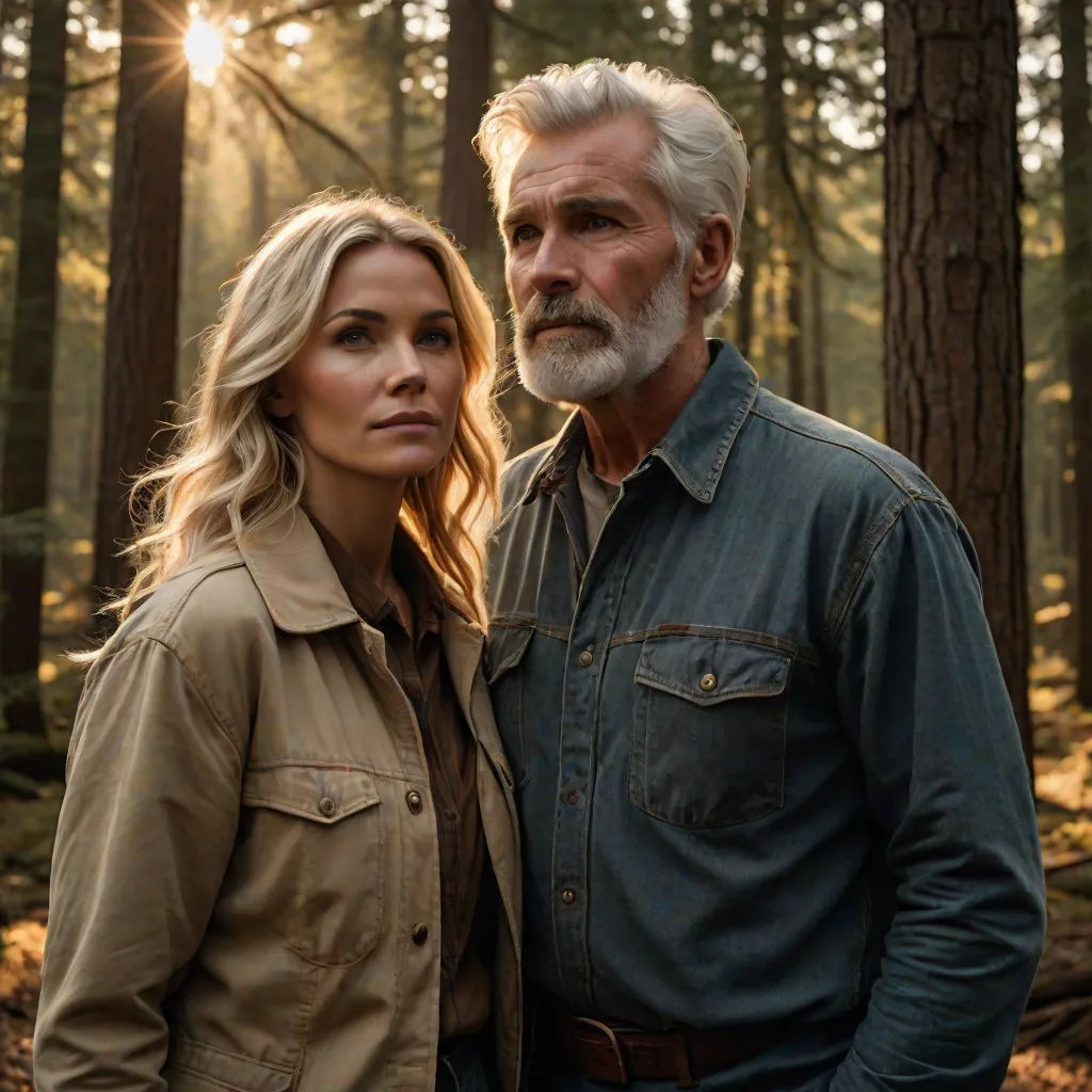 a man and a woman standing in the woods together, with the sun shining through the trees behind them, Eric Taylor, american romanticism, a poster, promotional image
