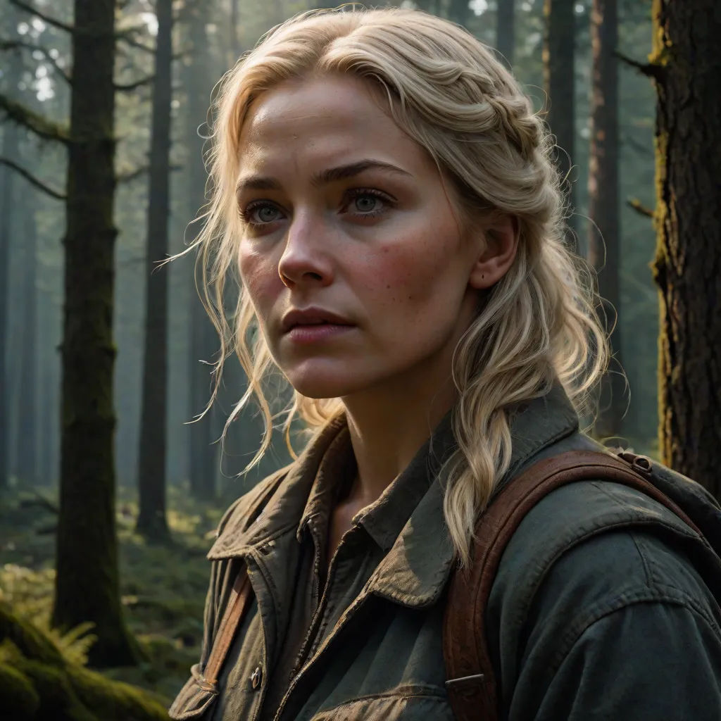 a woman in a forest with a backpack on her shoulder and a forest background with trees and bushes, and a woman with a braid in the foreground, Eva Frankfurther, antipodeans, a character portrait, promotional image
