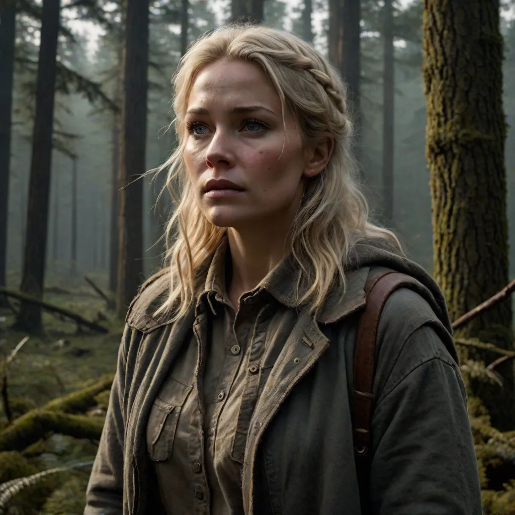a woman in a forest with a backpack on her shoulder and a forest background with trees and bushes, and a foggy sky, Emma Geary, antipodeans, a character portrait, leesha hannigan