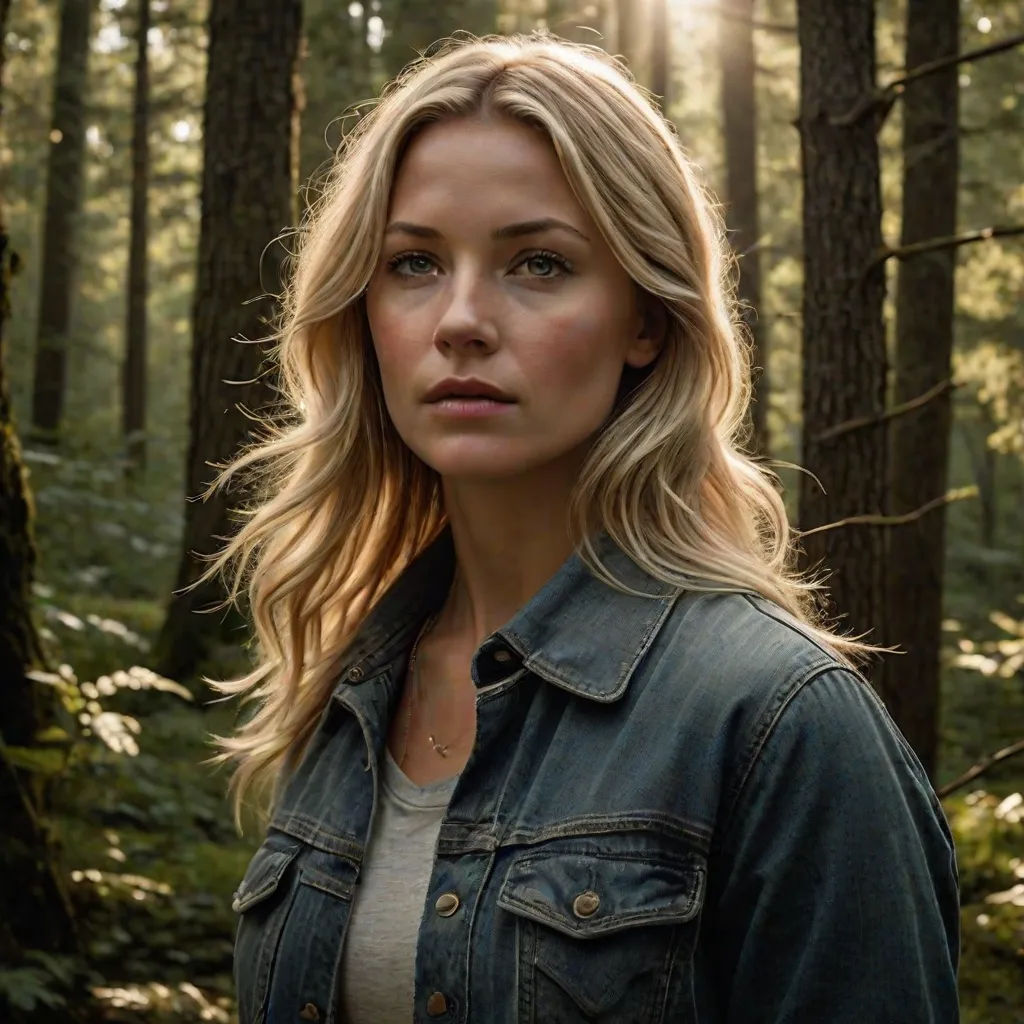 a woman standing in the woods with a sun shining through the trees behind her and a forest behind her, Emma Geary, naturalism, a character portrait, promotional image