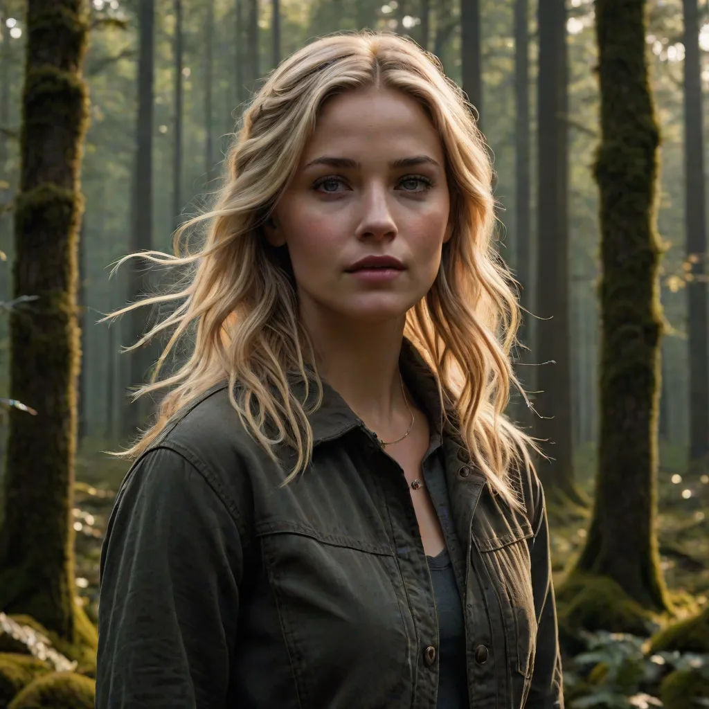 a woman standing in a forest with trees in the background and a forest floor covered in mossy plants, Claire Falkenstein, naturalism, a character portrait, promotional image