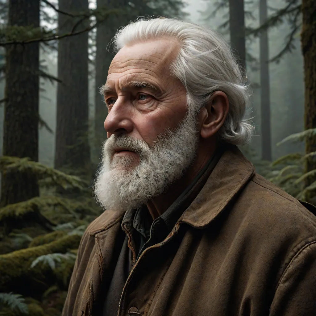 a man with a white beard and a beard in a forest with trees and fog in the background, looking to the left, Daniel Lieske, photorealism, a character portrait, promotional image