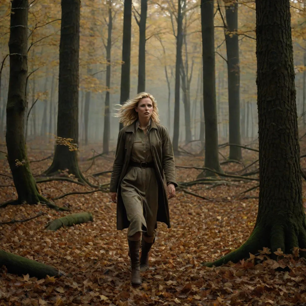 a woman walking through a forest with lots of leaves on the ground and trees in the background, with a woman in a brown coat and tan coat, Annie Leibovitz, naturalism, a matte painting, promotional image