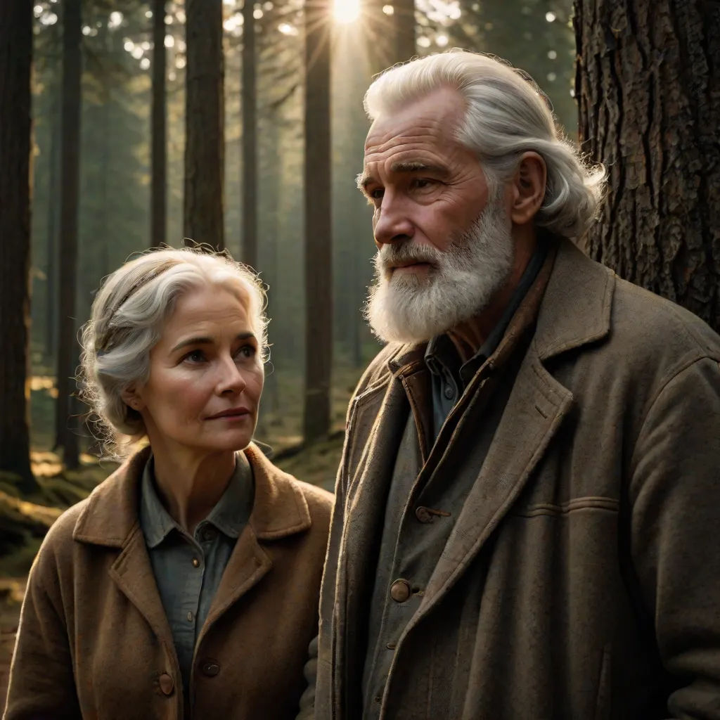 a man and a woman standing in the woods together, looking at the camera with a sun shining through the trees behind them, Elinor Proby Adams, arts and crafts movement, a poster, promotional image