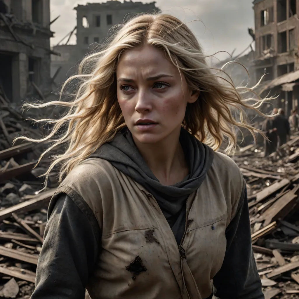 a woman in a destroyed building looks at the camera with a concerned look on her face and shoulders, with a city in the background, Dirk Crabeth, antipodeans, a detailed matte painting, promotional image
