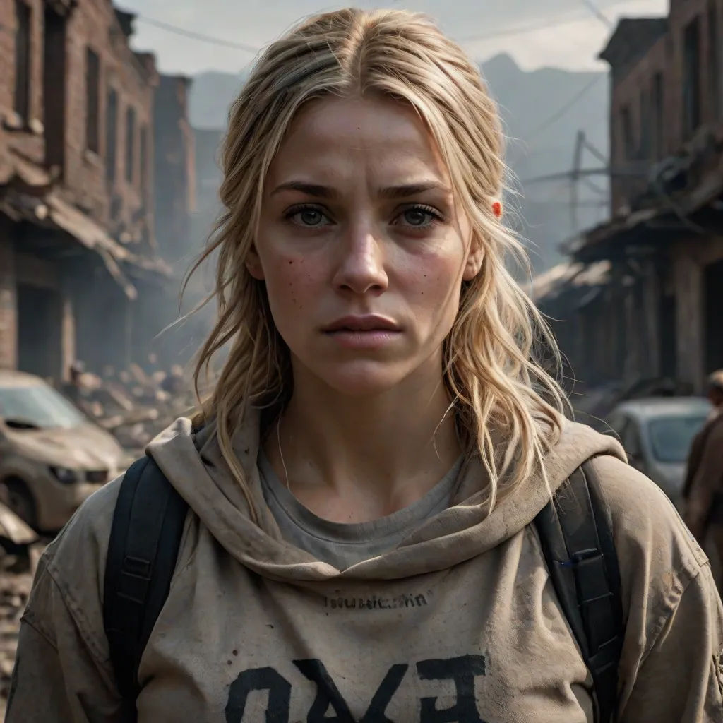 a woman in a hoodie standing in a dirty street with a man in the background looking at the camera, Eva Frankfurther, antipodeans, a character portrait, promotional image