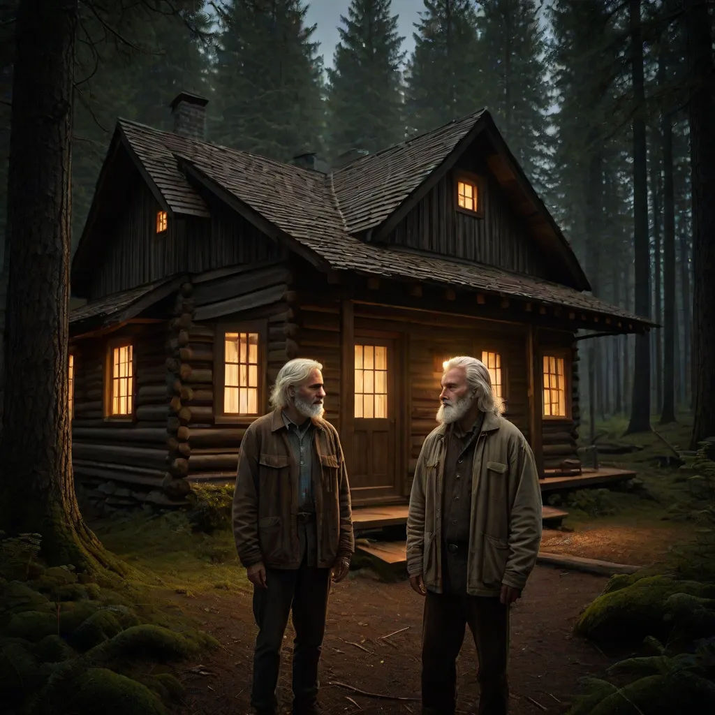 two men standing in front of a cabin in the woods at night with the lights on and the cabin in the background, Filip Hodas, photorealism, poster art, promotional image