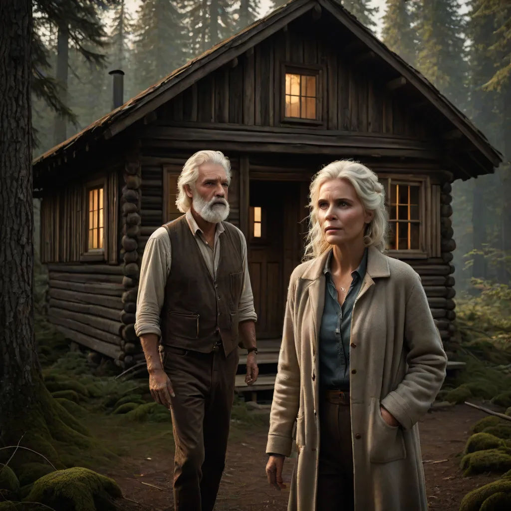 a man and a woman standing in front of a cabin in the woods with a tree in the background, Annie Leibovitz, antipodeans, a poster, promotional image