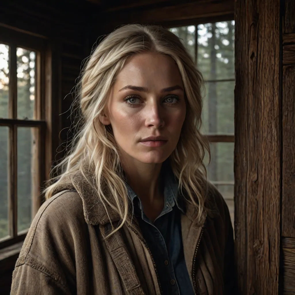 a woman standing in front of a window in a cabin with a wooden wall and a window pane, Annie Leibovitz, photorealism, a photorealistic painting, leesha hannigan