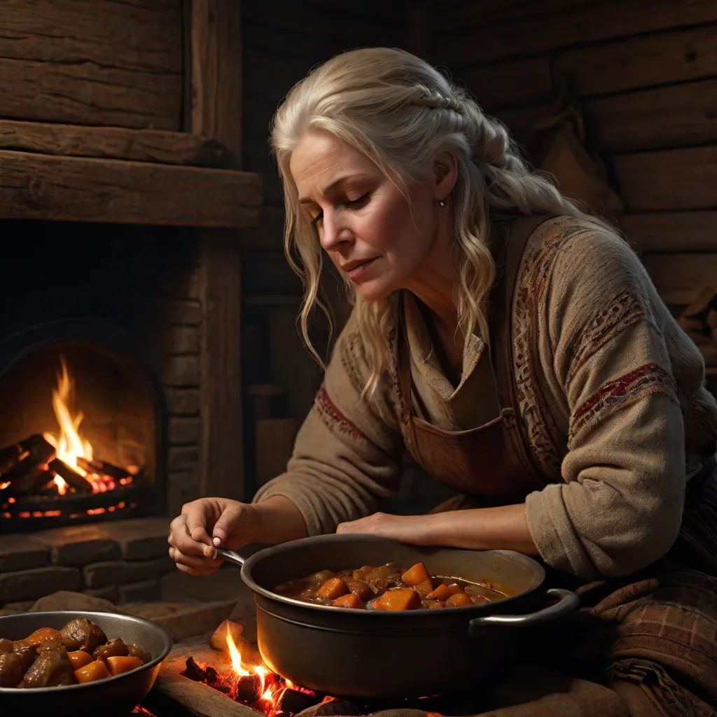 a woman is cooking food in a pan by a fire place in a cabin with logs and logs in the background, Cindy Sherman, photorealism, a detailed matte painting, promotional image