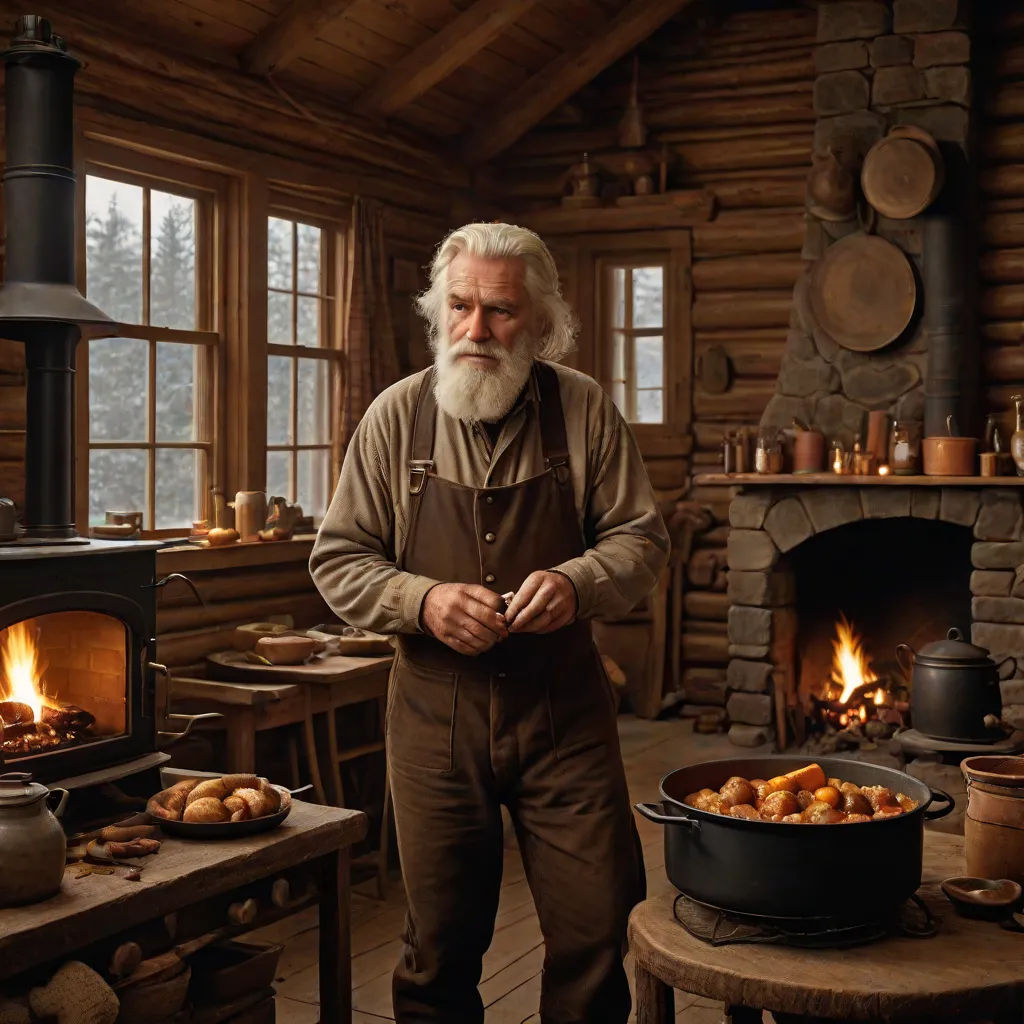 a man standing in a room with a fireplace and a pot of food on the table next to him, Annie Leibovitz, arts and crafts movement, a detailed matte painting, promotional image
