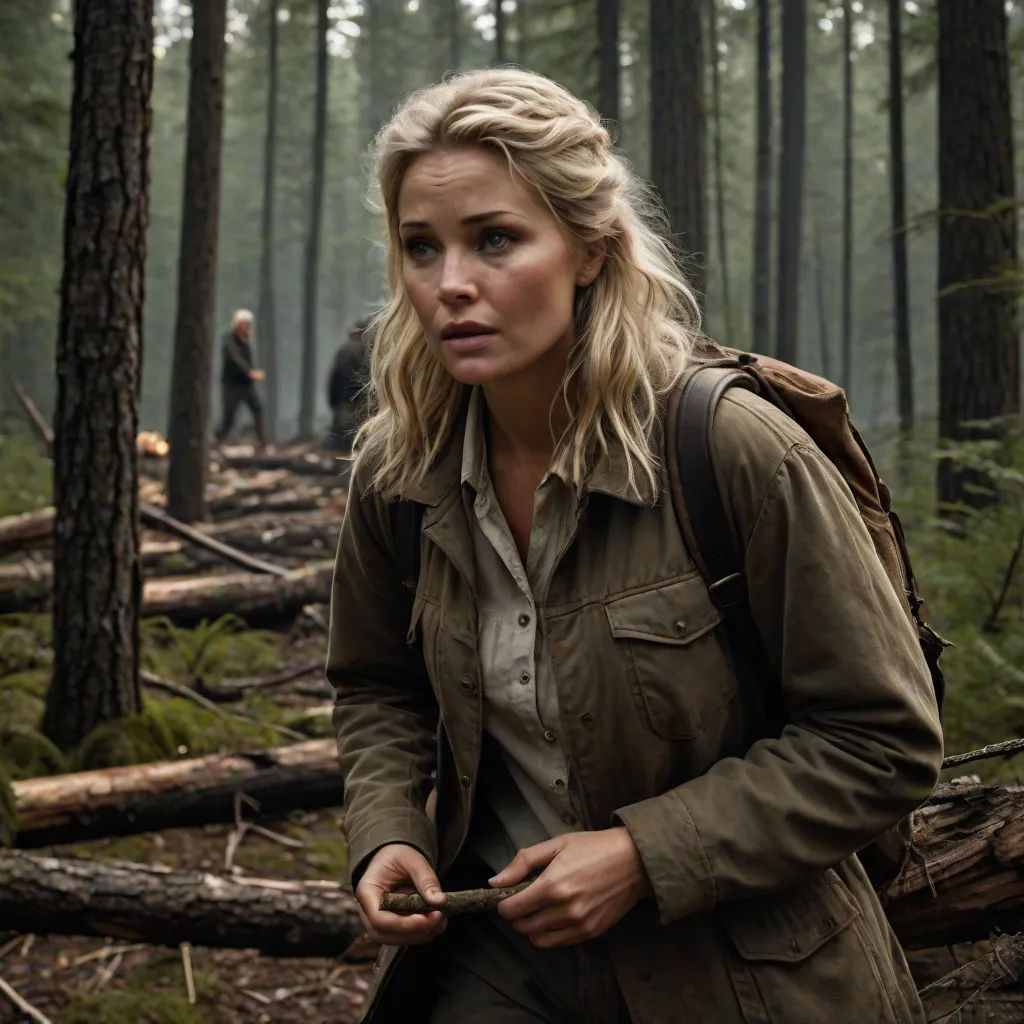 a woman in a forest with a backpack on her back and a man in the background walking behind her, Christen Købke, antipodeans, a character portrait, promotional image