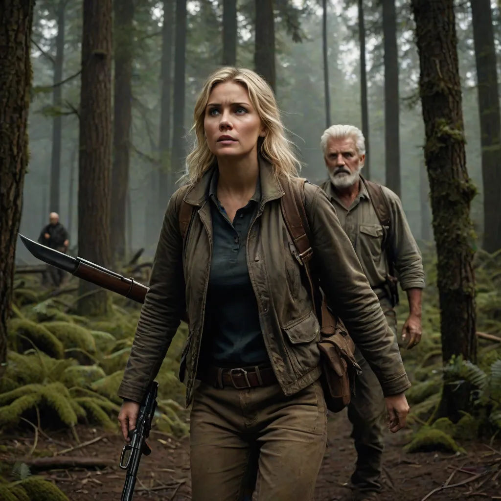 a woman holding a gun and walking in the woods with a man behind her in the background with a gun in her hand, Clark Voorhees, antipodeans, a poster, promotional image