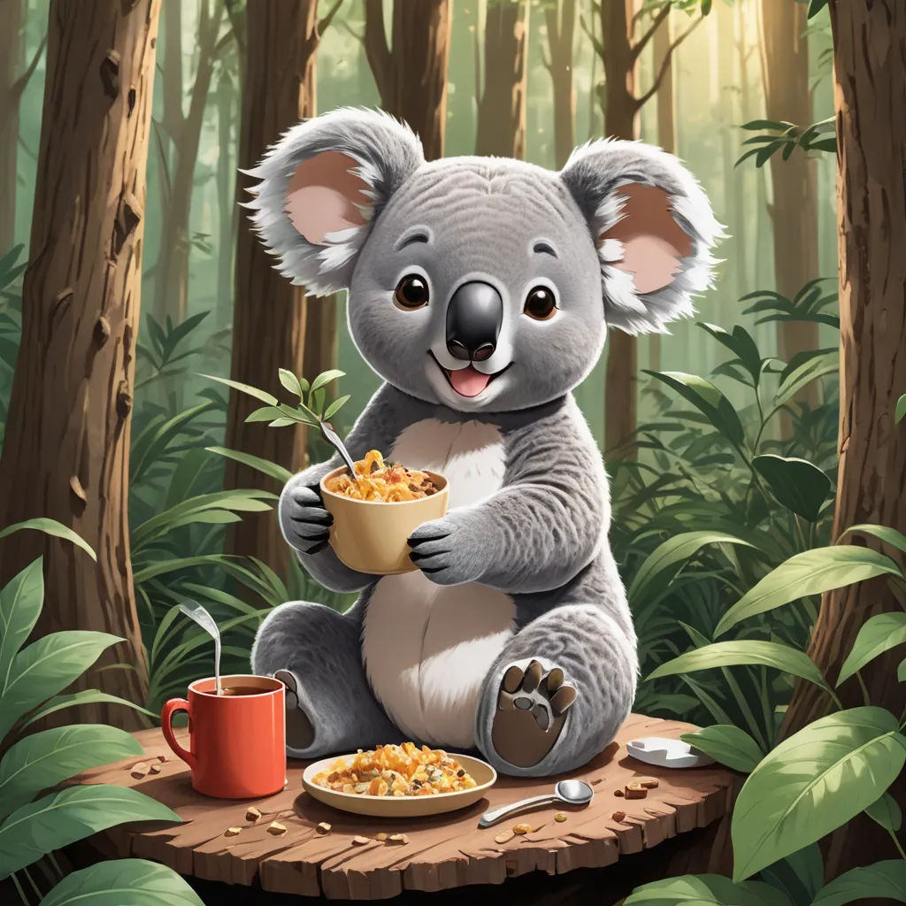 a koala bear eating out of a bowl of cereal in the forest with a mug of coffee and a fork, furry art, a storybook illustration, Chris LaBrooy, official art