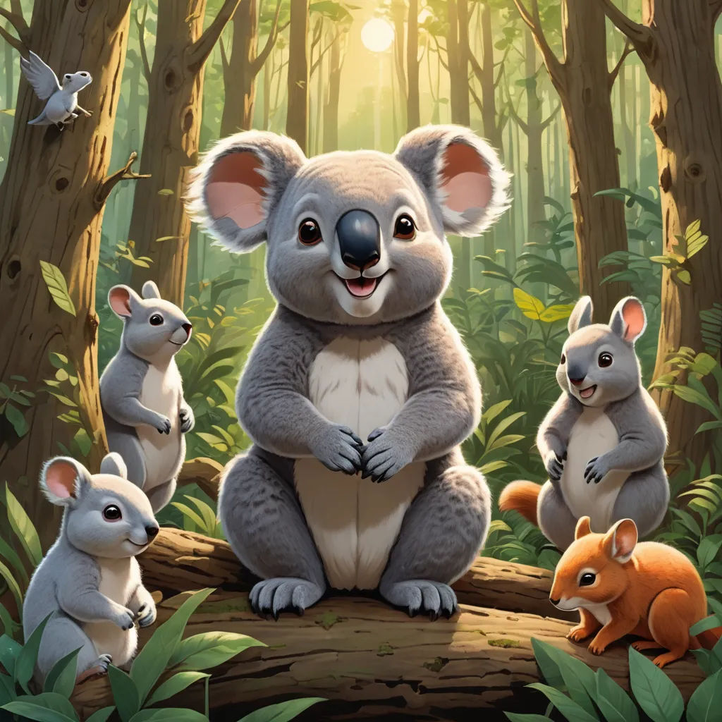 a group of animals standing in the middle of a forest with a baby koala in the center of the picture, furry art, a storybook illustration, Chris LaBrooy, official art