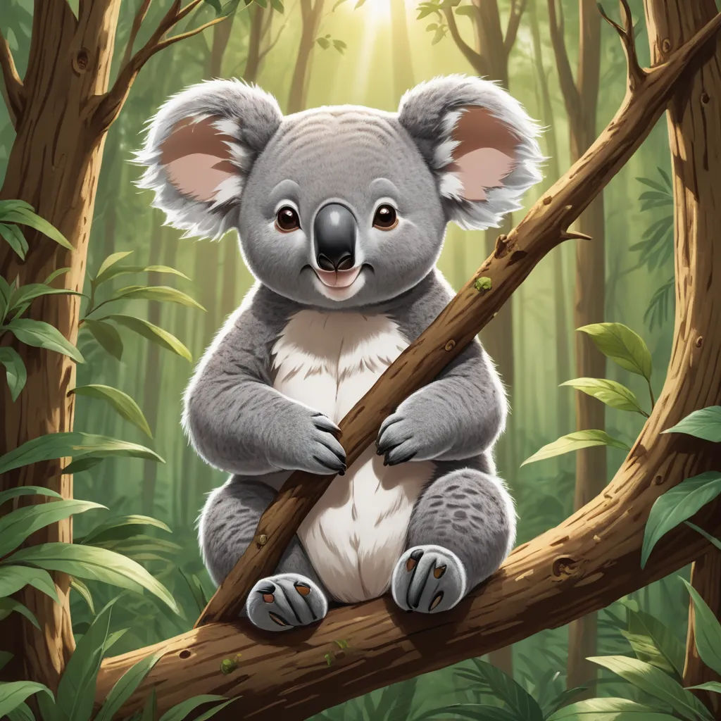 a koala bear sitting on a tree branch in a forest with sunlight shining through the trees and leaves, furry art, a digital painting, Aloysius O'Kelly, magic the gathering artwork