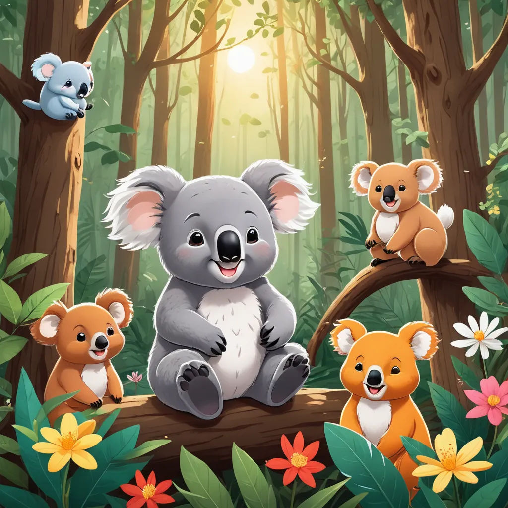 a koala bear sitting on a tree branch in the forest with other koalas and flowers around, furry art, a storybook illustration, Aloysius O'Kelly, storybook illustration