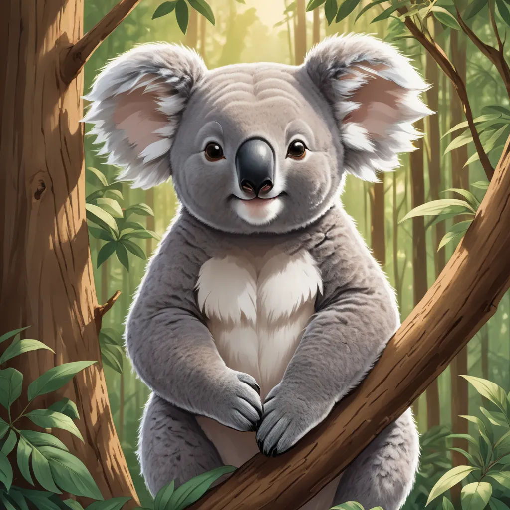 a koala bear sitting on a tree branch in a forest with sunlight shining through the trees and leaves, furry art, a digital painting, Aloysius O'Kelly, professional digital painting