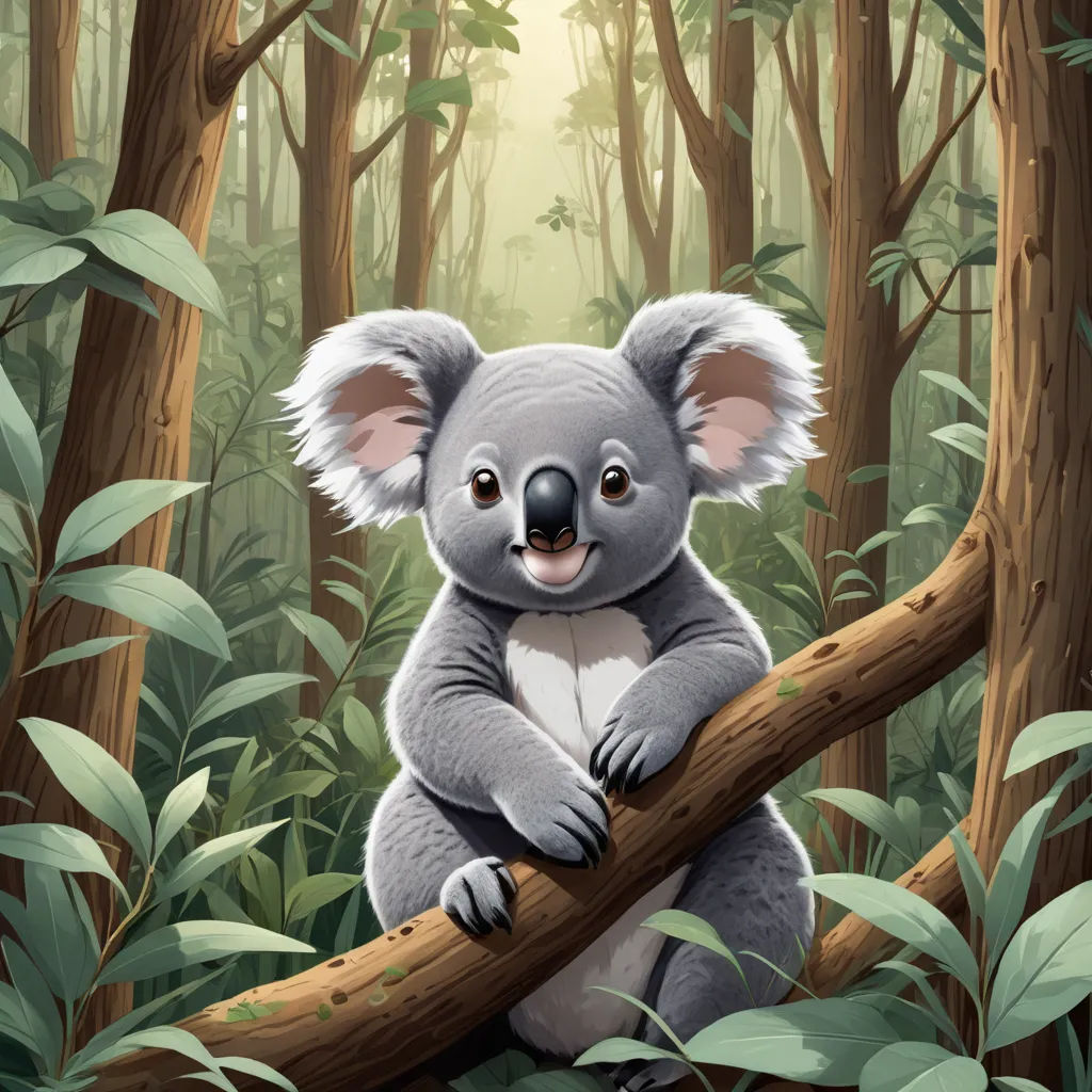a koala bear sitting on a tree branch in a forest with green leaves and a sunbeam in the background, furry art, a storybook illustration, Aloysius O'Kelly, storybook illustration