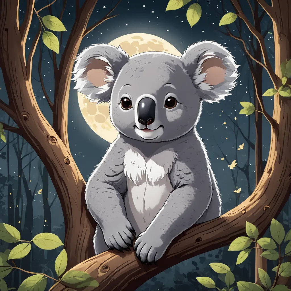a koala sitting on a tree branch with a full moon in the background of the night sky and leaves, fantasy art, a storybook illustration, Aloysius O'Kelly, character portrait